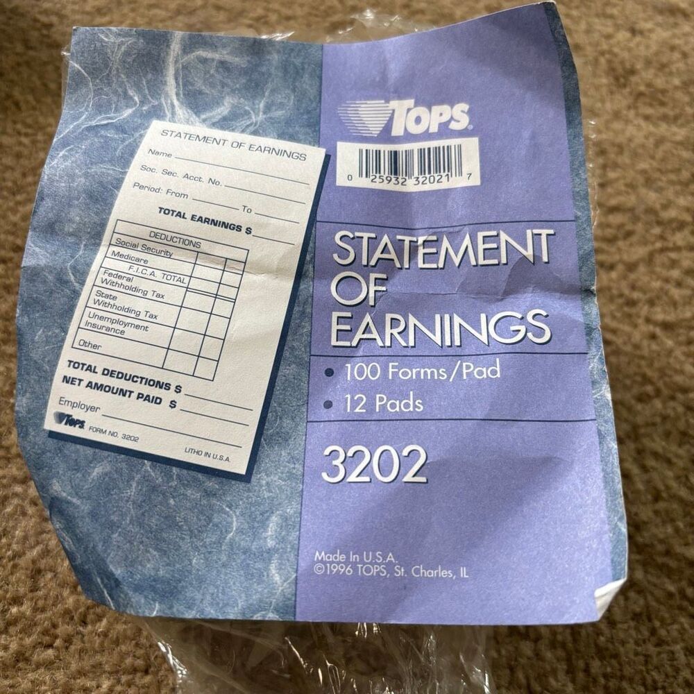 Tops 3202 Statement Of Earnings Forms 6 Pads